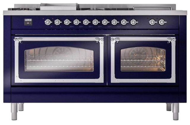 Ilve® Nostalgie II Noblesse 60'' Midnight Blue Pro Style Dual Fuel Range with Chrome Trim-1