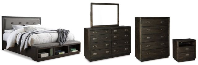 Signature Design by Ashley® Hyndell 5-Piece Dark Brown King Upholstered Panel Storage Bed Set-0