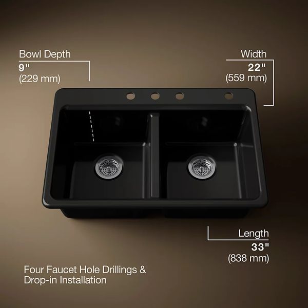 KOHLER® Riverby® Black 33" 4-Faucet Hole Top-Mount Double-Equal Bowl Kitchen Sink-3