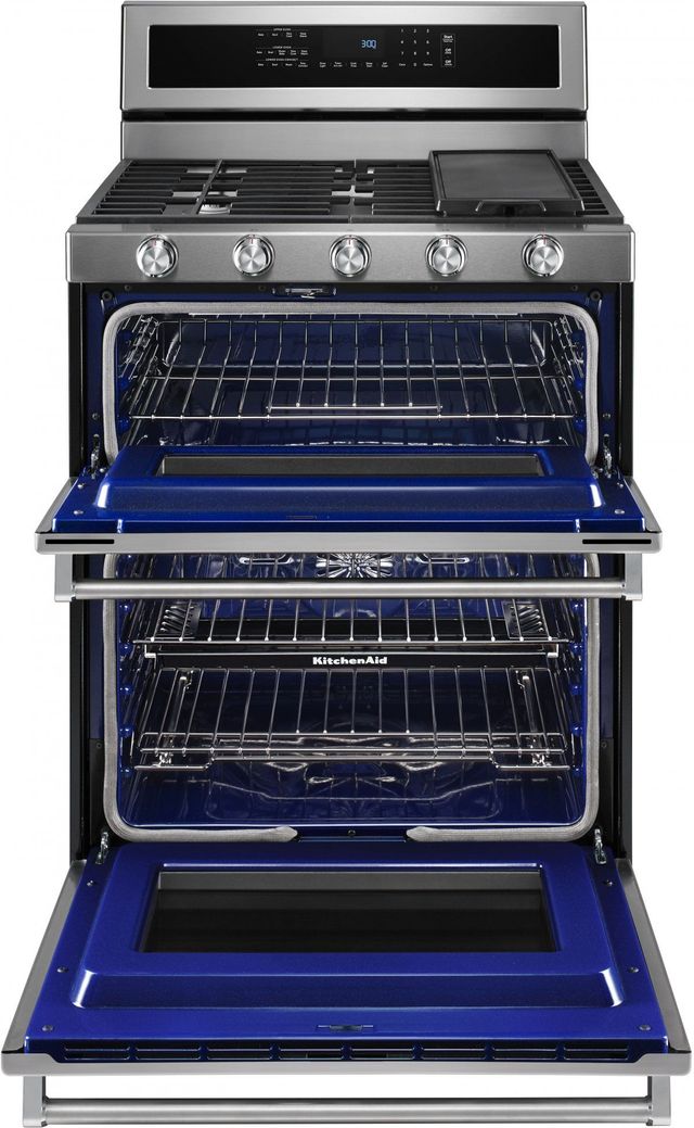 KitchenAid® 30" Stainless Steel Freestanding Dual Fuel Double Oven Range-1