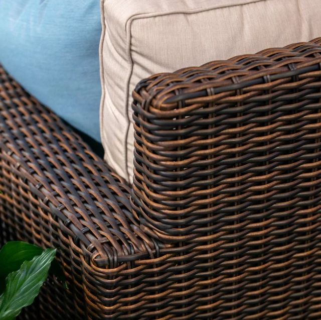 Sunset West Montecito Cognac Resin Wicker Outdoor Sofa with Canvas Flax Cushion-4