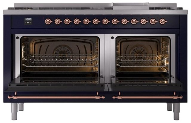 Ilve® Nostalgie II Noblesse 60'' Midnight Blue Pro Style Dual Fuel Range with Copper Trim-1