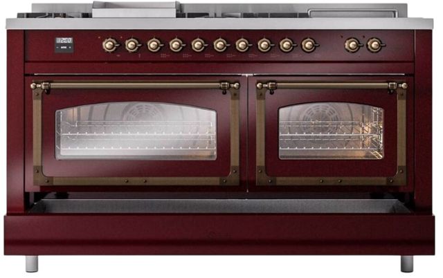 Ilve® Nostalgie II Noblesse 60'' Burgundy Pro Style Dual Fuel Range with Burnished Trim-3