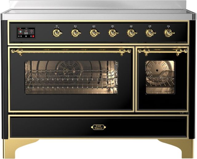 Ilve® Majestic III 48" Glossy Black Pro Style Induction Range with Triple Glass Door and Brass Trim-0