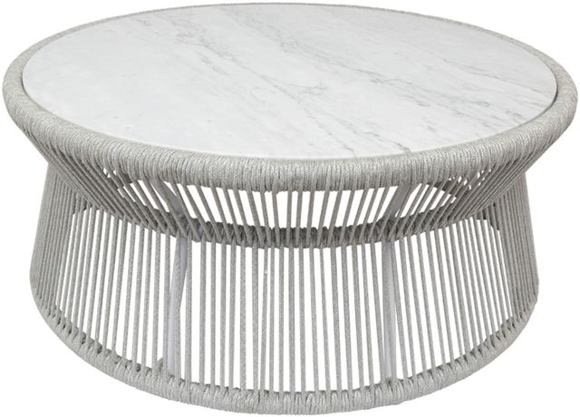 Sunset West Miami White Marble/Natural Fibers Outdoor Coffee Table with Frost Metal Base-1