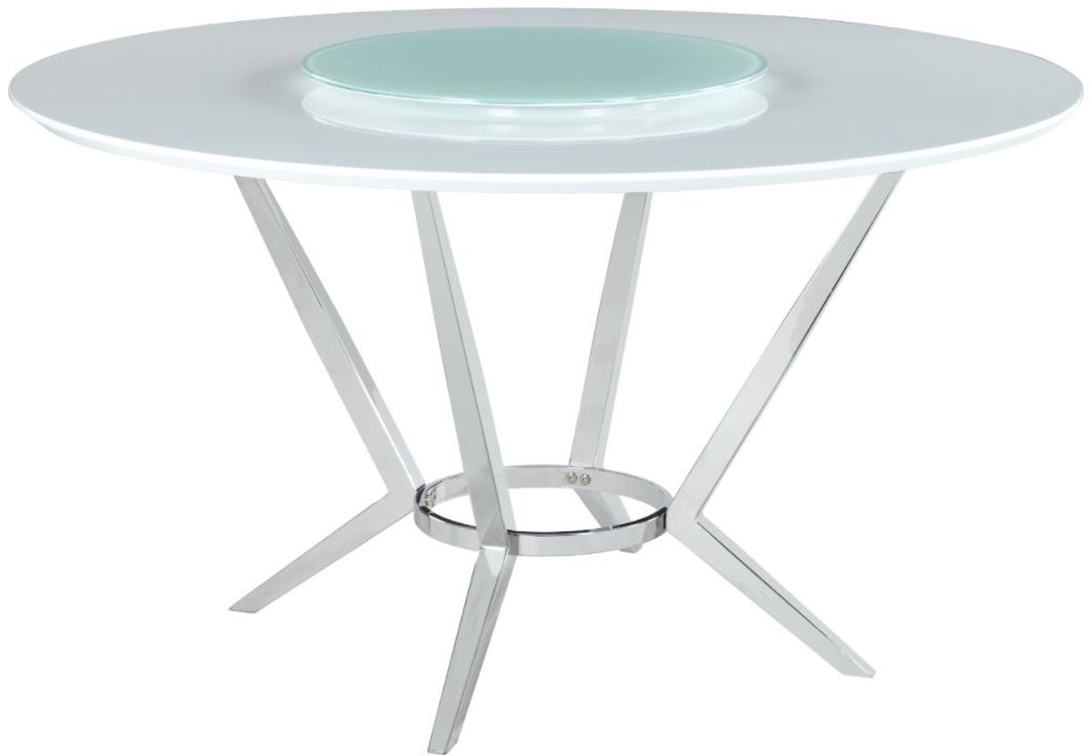 Coaster® Abby White Glass Round Dining Table with Lazy Susan and Chrome Base