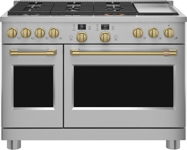 Café™ 48" Brushed Brass Pro Range Handle and Knob Kit-1