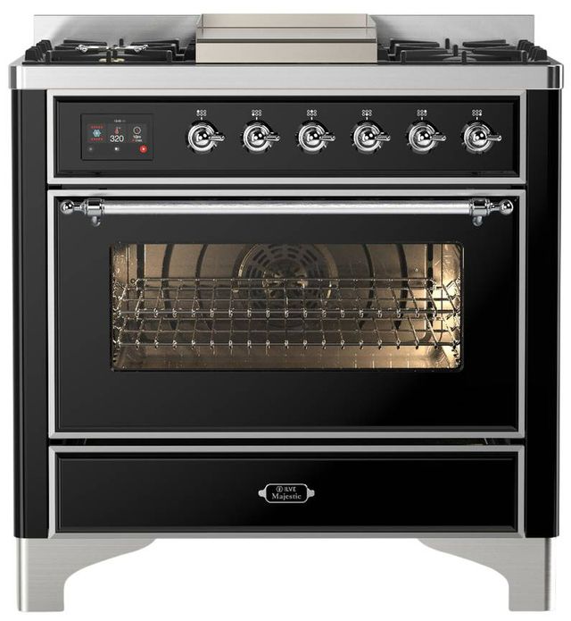 Ilve® Majestic III 36" Glossy Black Pro Style Dual Fuel Liquid Propane Range with Triple Glass Door and Chrome Trim-0
