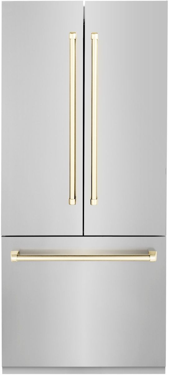 ZLINE Autograph Edition 36" 19.6 Cu. Ft. Stainless Steel Built In French Door Refrigerator with Water Dispenser and Ice Maker in Polished Gold Accents-0