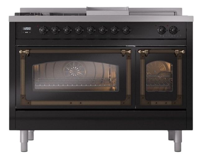 Ilve® Nostalgie II Noblesse 48'' Glossy Black Pro Style Dual Fuel Range with Burnished Trim-1