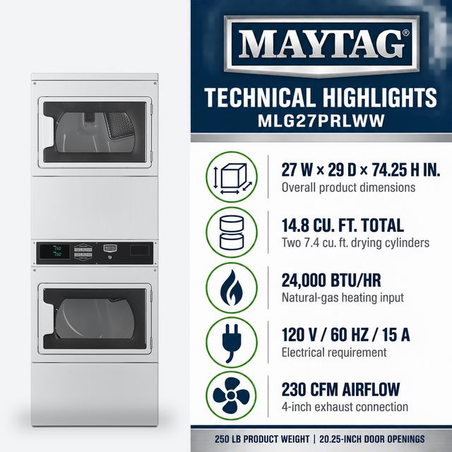 Maytag Commercial MLG27PRLWW Card-Reader-Ready Gas Stacked Dryer, Two 7.4 Cu. Ft. Pockets, White-4