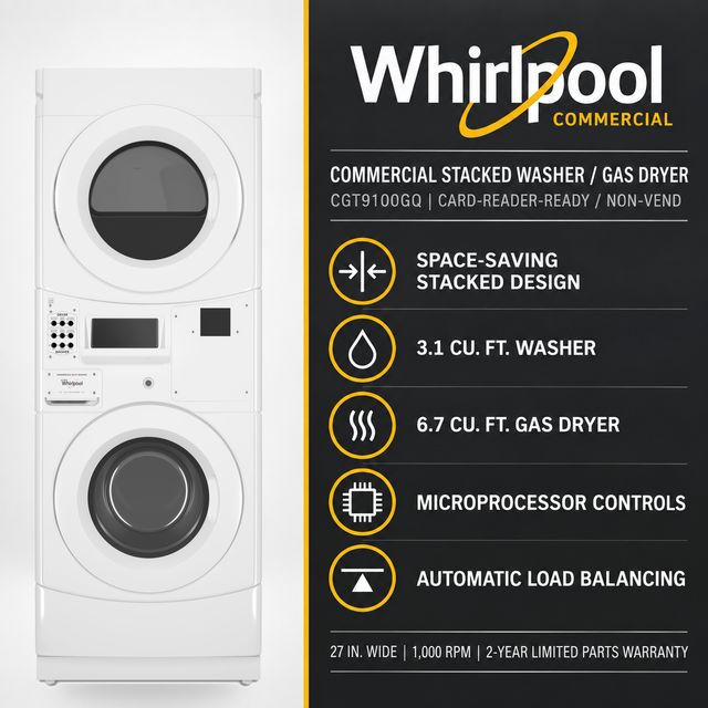 Whirlpool Commercial 3.1 Cu. Ft. Washer / 6.7 Cu. Ft. Gas Dryer Stack - Card-Reader-Ready / Non-Vend, White-3