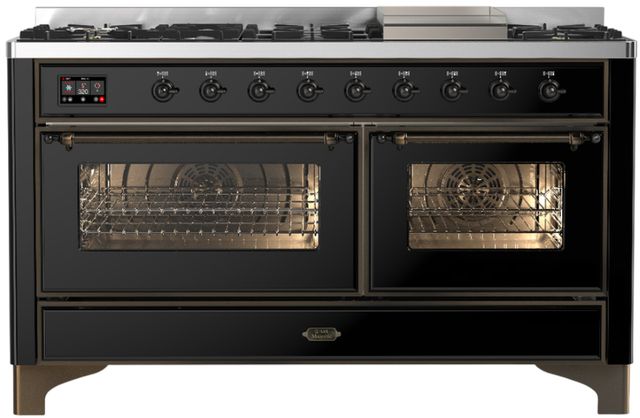 Ilve® Majestic III 60" Glossy Black Pro Style Dual Fuel Liquid Propane Range with Triple Glass Door and Burnished Trim-0