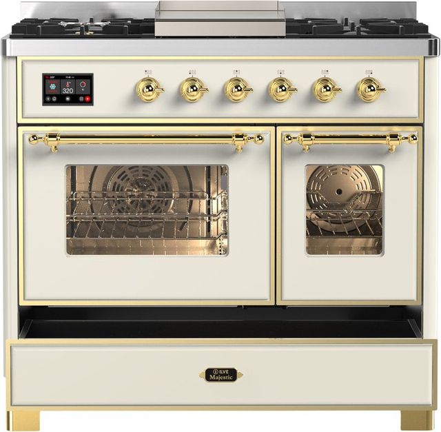 Ilve® Majestic III 40" Antique White Pro Style Dual Fuel Natural Gas Range with Triple Glass Door and Brass Trim-1