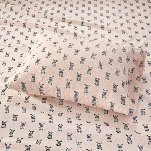 Olliix by True North by Sleep Philosophy Pink French Bulldog Twin Cozy 100% Cotton Flannel Printed Sheet Set-1
