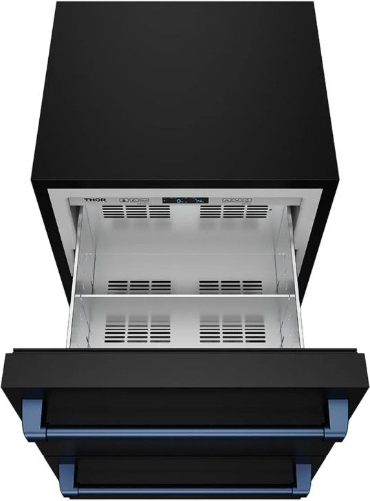 Thor Kitchen Gordon Ramsay Collection 24” 5.4 Cu. Ft. Anti-Fingerprint Black Built-In or Freestanding Under the Counter Refrigerator Drawer with Blue Handle-1