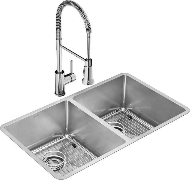 Elkay Crosstown® 6-Piece Polished Satin 31-1/2" x 18-1/2" x 9" Equal Double Bowl Undermount Sink Set with Faucet-0
