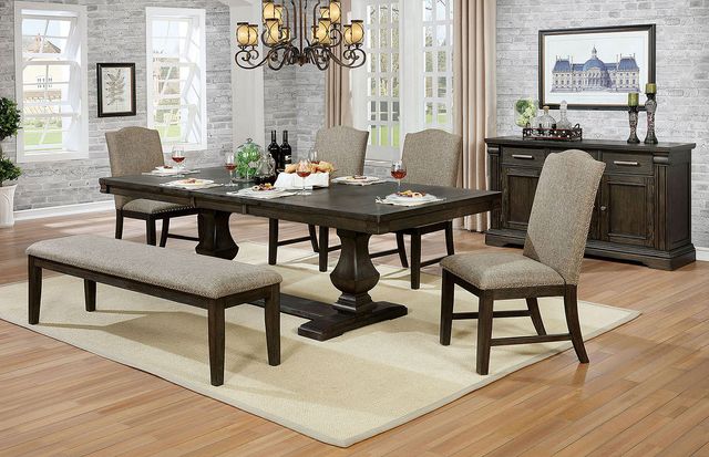 Furniture of America® Faulk 7-Piece Espresso Dining Table Set with Warm Gray Side Chair-0