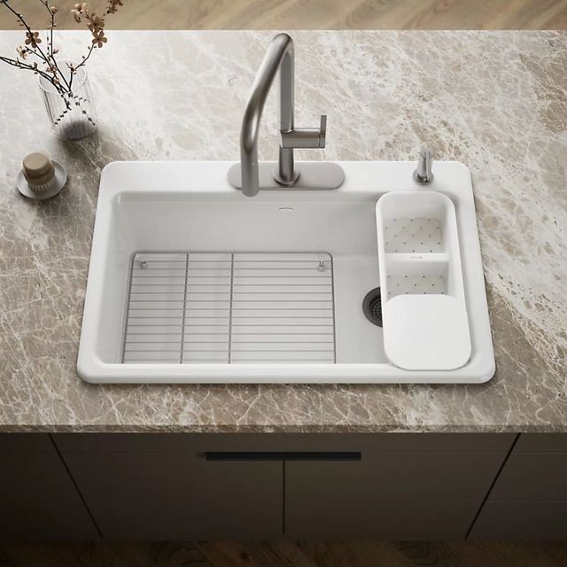 KOHLER® Riverby® White 33" 4-Faucet Hole Top-Mount Single-Bowl Workstation Kitchen Sink-1