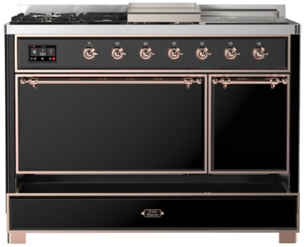 Ilve® Majestic III 48" Glossy Black Pro Style Dual Fuel Natural Gas Range with French Top and Copper Trim-2