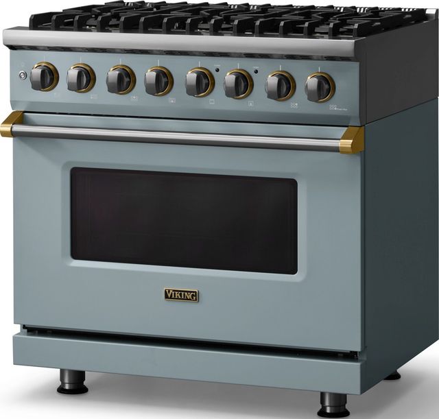 Viking® 5 Series 36" Novembery Sky Pro Style Dual Fuel (NG) Range with Brushed Brass Trim-3