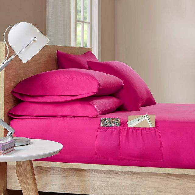 Olliix by Intelligent Design Pink Twin Microfiber Sheet Set with Side Storage Pockets-3