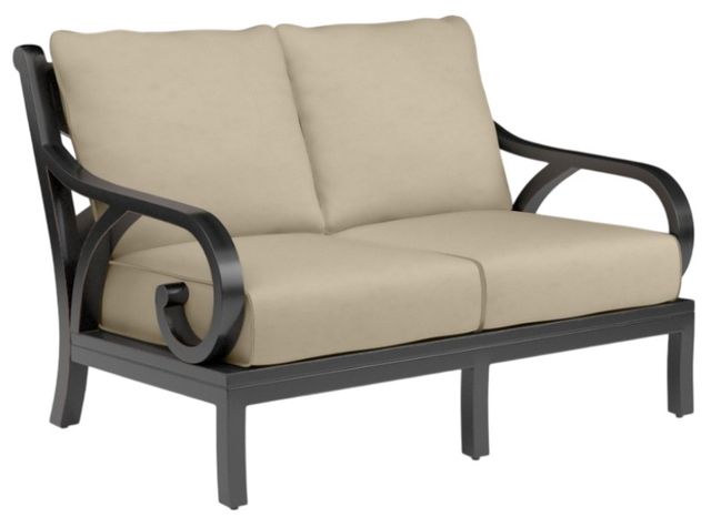 Sunset West Monterey Old World Copper Aluminum Outdoor Loveseat with Linen Stone Cushion-0