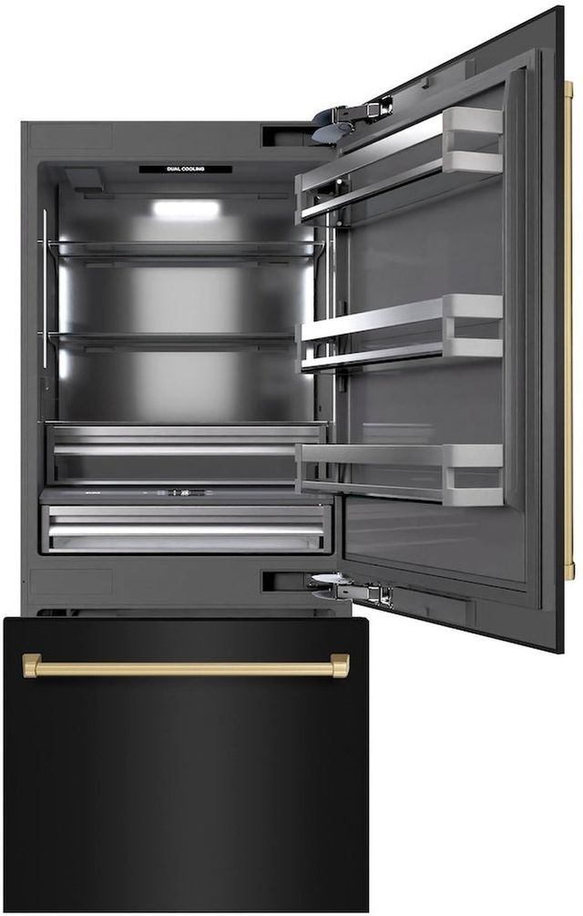 ZLINE Autograph Edition 36" 19.8 Cu. Ft. Black Stainless Steel Built-In Bottom Freezer Refrigerator with Water Dispenser, Ice Maker, Graphite Gray Interior, and Champagne Bronze Accents-1