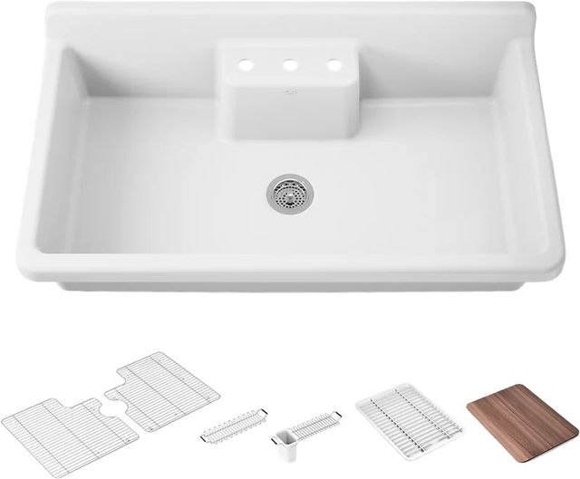 KOHLER® Farmstead® White 45" 3-Faucet Hole Top/Wall-Mount Single-Bowl Workstation Farmhouse Kitchen Sink with Painted White Underside-0