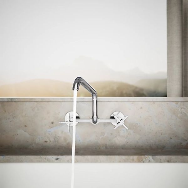 KOHLER® Billet® Polished Chrome 2-Hole Wall-Mount Bridge Kitchen Sink Faucet with Cross Handles-2