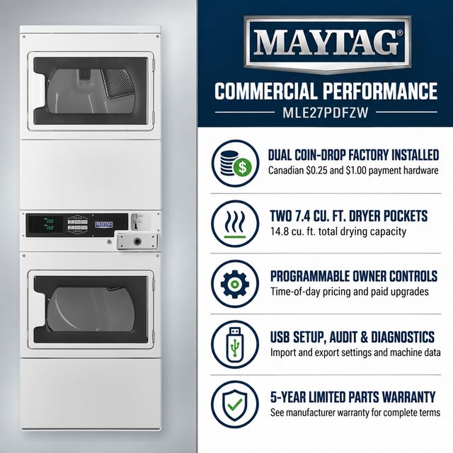 Maytag Commercial MLE27PDFZW Two-Pocket Dual-Coin Electric Stacked Dryer, 14.8 Cu. Ft. Total Capacity, White-3