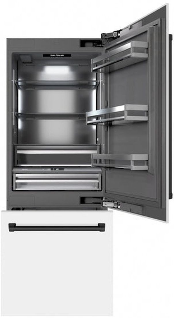 ZLINE Autograph Edition 30" 16.1 Cu. Ft. White Matte Built-In Bottom Freezer Refrigerator with Water Dispenser, Ice Maker, Graphite Gray Interior, and Matte Black Accents-1