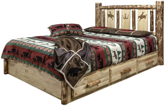 Montana Woodworks® Glacier Country Stained and Lacquered Queen Platform Storage Bed with Laser Engraved Bronc Design-3