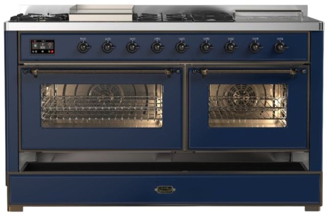 Ilve® Majestic III 60" Midnight Blue Pro Style Dual Fuel Natural Gas Range with French Top and Burnished Trim-2