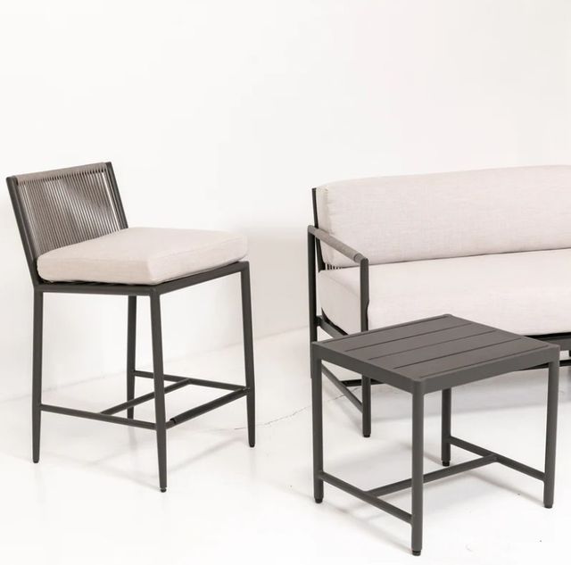Sunset West Pietra Stone Gray Aluminum/Olefin Rope Outdoor Bar Stool with Echo Ash Cushion-4