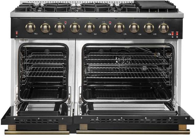FORNO® Galiano 48" Stainless Steel Pro Style Gas Range with Black Door and Antique Brass Accents-1