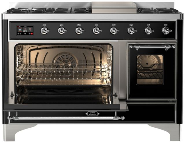 Ilve® Majestic III 48" Glossy Black Pro Style Dual Fuel Natural Gas Range with Triple Glass Door and Chrome Trim-2