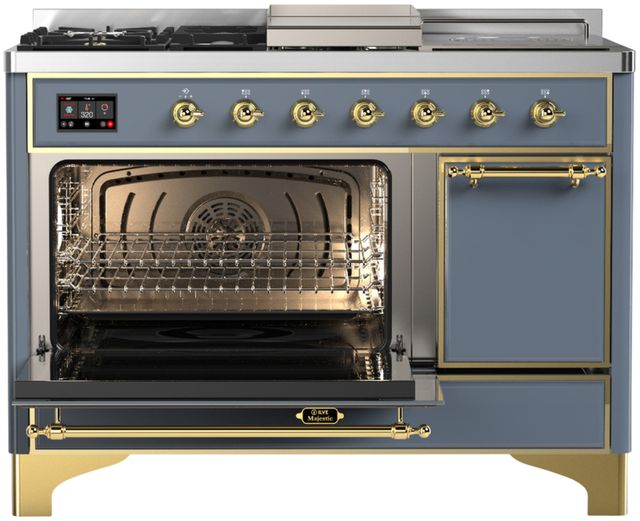 Ilve® Majestic III 48" Blue Gray Pro Style Dual Fuel Natural Gas Range with 5 Black Brass Burners and Brass Trim-2