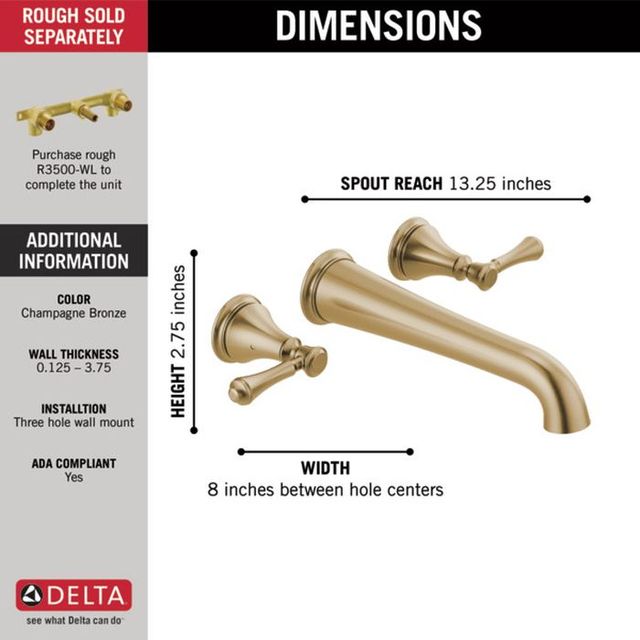 Delta Cassidy® Traditional Champagne Bronze 2-Handle Wall Mount Tub Filler Trim-3