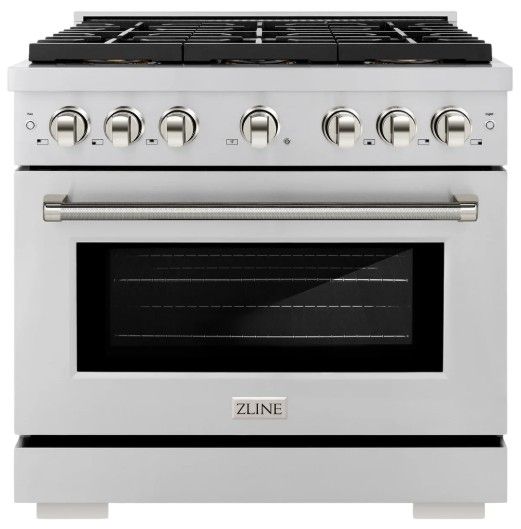 ZLINE Autograph Edition Paramount 36" 5.2 Cu. Ft. Stainless Steel Gas Range with 6 Burner DuoPro™ Cooktop and Convection Gas Oven with Polished Nickel Helix Handle and Accents-0