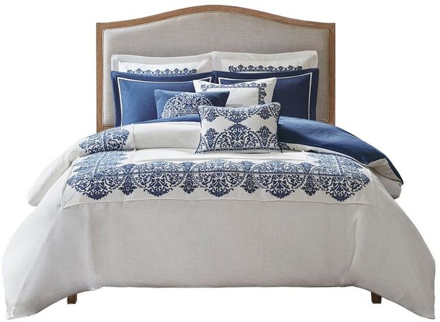 Olliix by Madison Park Signature Indigo Sky Off White/Blue King Faux Linen Oversized Comforter Set-0