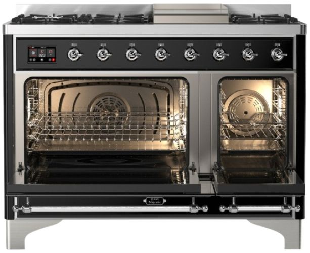 Ilve® Majestic III 48" Glossy Black Pro Style Dual Fuel Liquid Propane Range with Solid Door and Chrome Trim-1