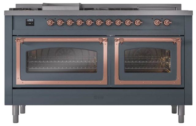 Ilve® Nostalgie II Noblesse 60'' Blue Gray Pro Style Dual Fuel Range with Copper Trim-1