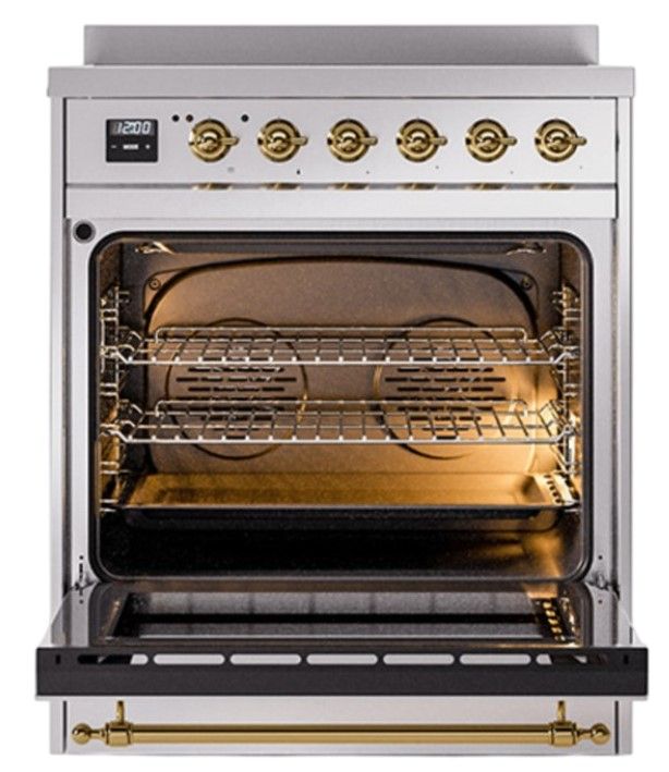 Ilve® Nostalgie II Noblesse 30'' Stainless Steel Pro Style Induction Range with Brass Trim-1