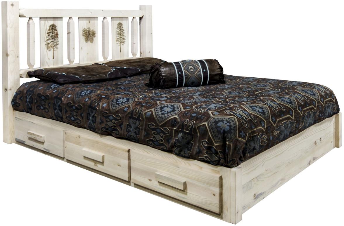 Montana Woodworks® Homestead Ready to Finish Queen Platform Storage Bed with Laser Engraved Pine Design