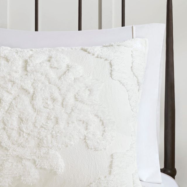 Olliix by Madison Park 3 Piece White Full/Queen Viola Tufted Cotton Chenille Damask Coverlet Set-4