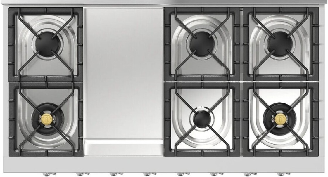 Ilve Nostalgie II 48” Stainless Steel Liquid Propane Rangetop with 8 Burners, Griddle and Chrome Trim