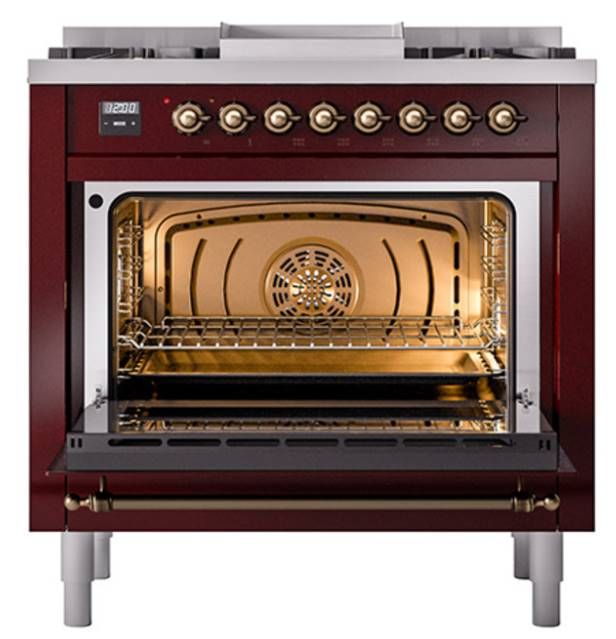 Ilve® Nostalgie II Noblesse 36'' Burgundy Pro Style Dual Fuel Range with Burnished Trim-1