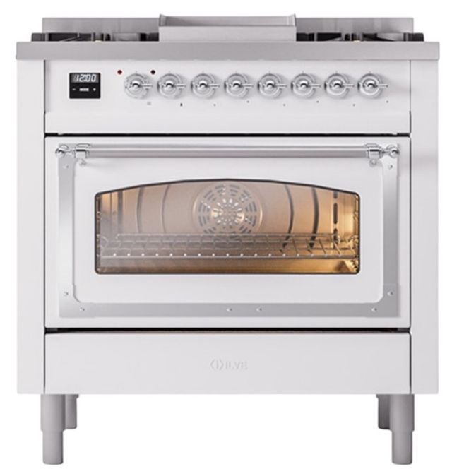 Ilve® Nostalgie II Noblesse 36'' White Pro Style Dual Fuel Range with Chrome Trim-1