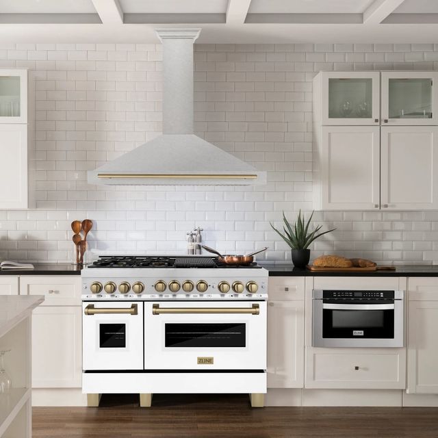 ZLINE Autograph Edition 48" Satin Stainless Steel Convertible Wall Mounted Range Hood with Champagne Bronze Handle-1